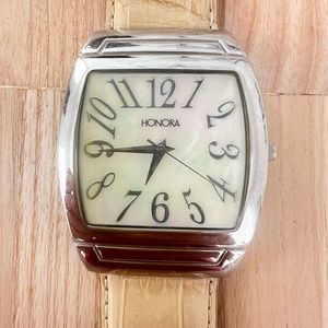 Honora ladies oversized rectangular mother of pearl dress watch NEW BATTERY